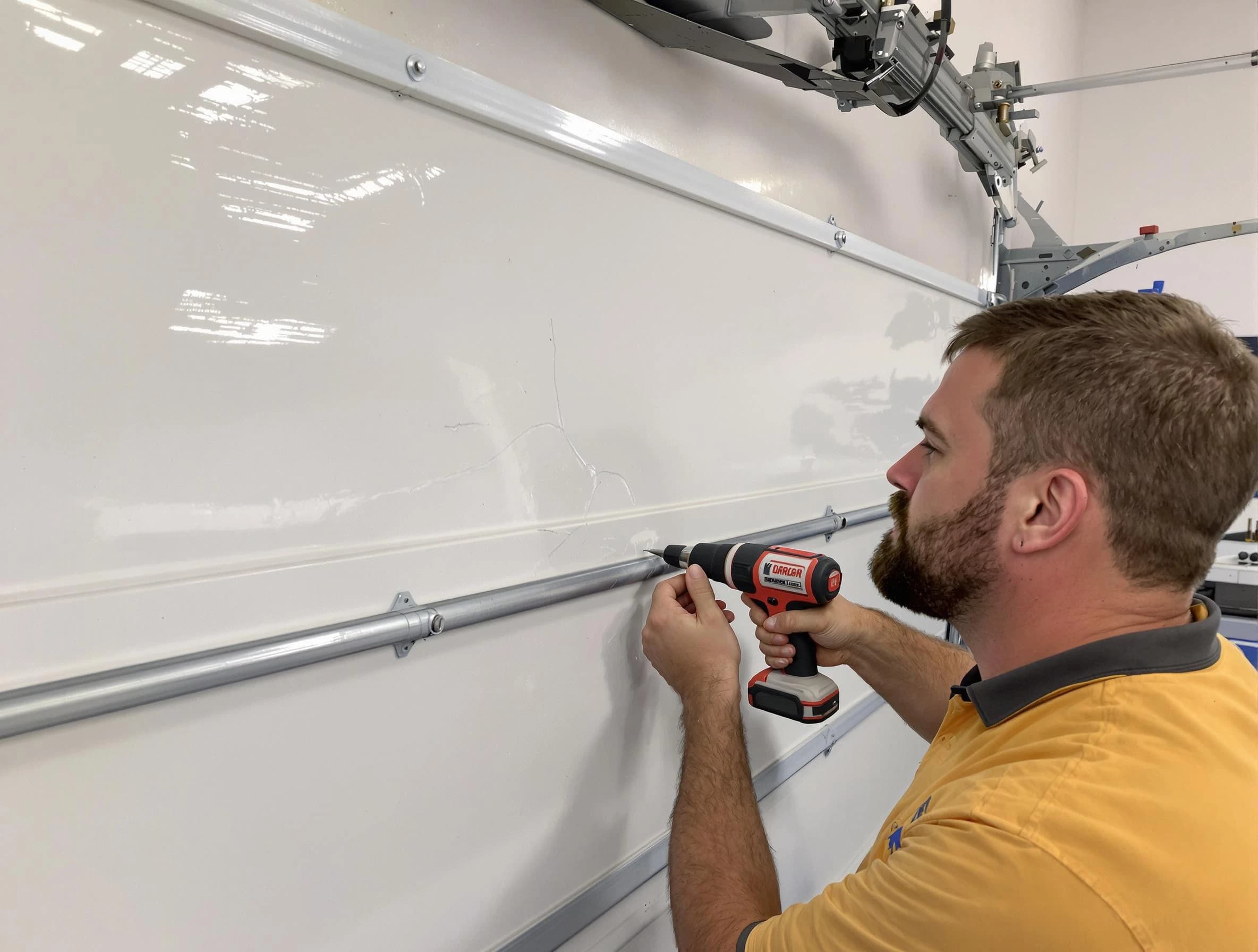 Cape Coral Garage Door Repair expert performing dent repair on garage door in Cape Coral
