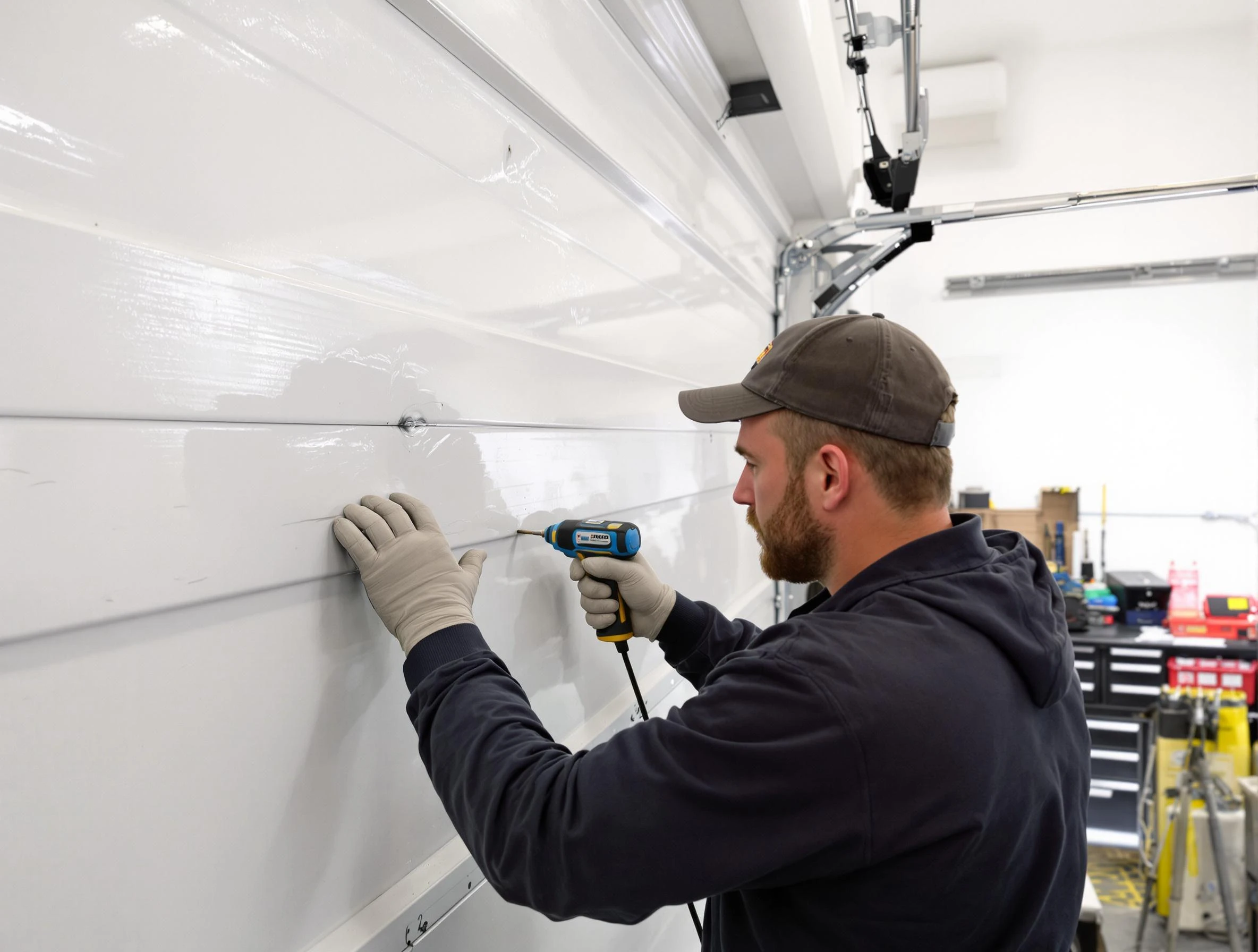 Cape Coral Garage Door Repair technician demonstrating precision dent removal techniques on a Cape Coral garage door